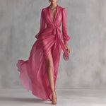 Vestido maxi de gasa para mujer con cinturón