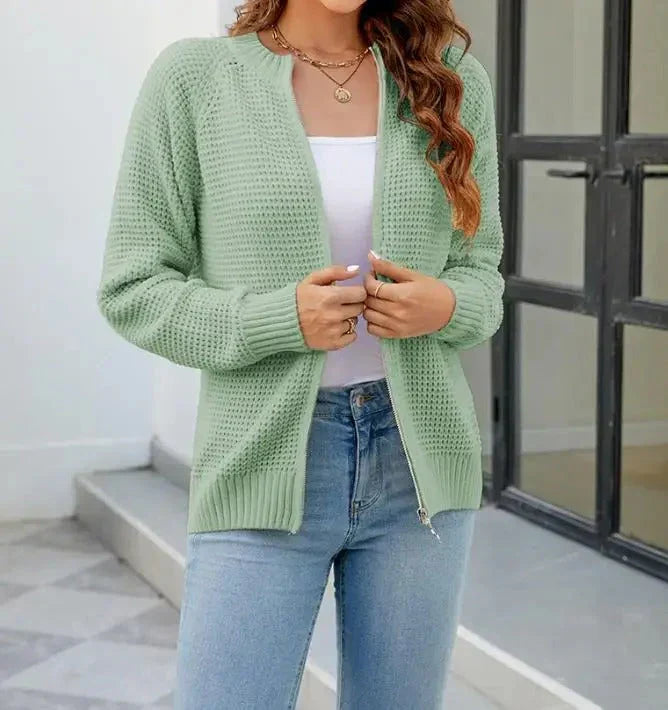 Damen Strickjacke Reißverschluss Rundhals Langarm Einfarbig - Image 2