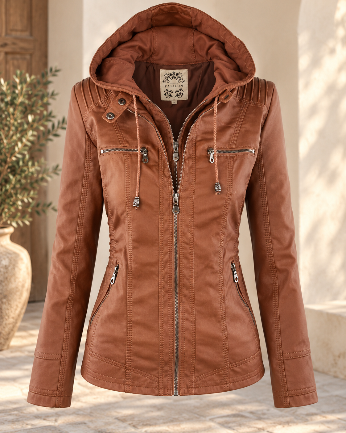 Damen Kunstlederjacke Kapuze Lederoptik - Image 6