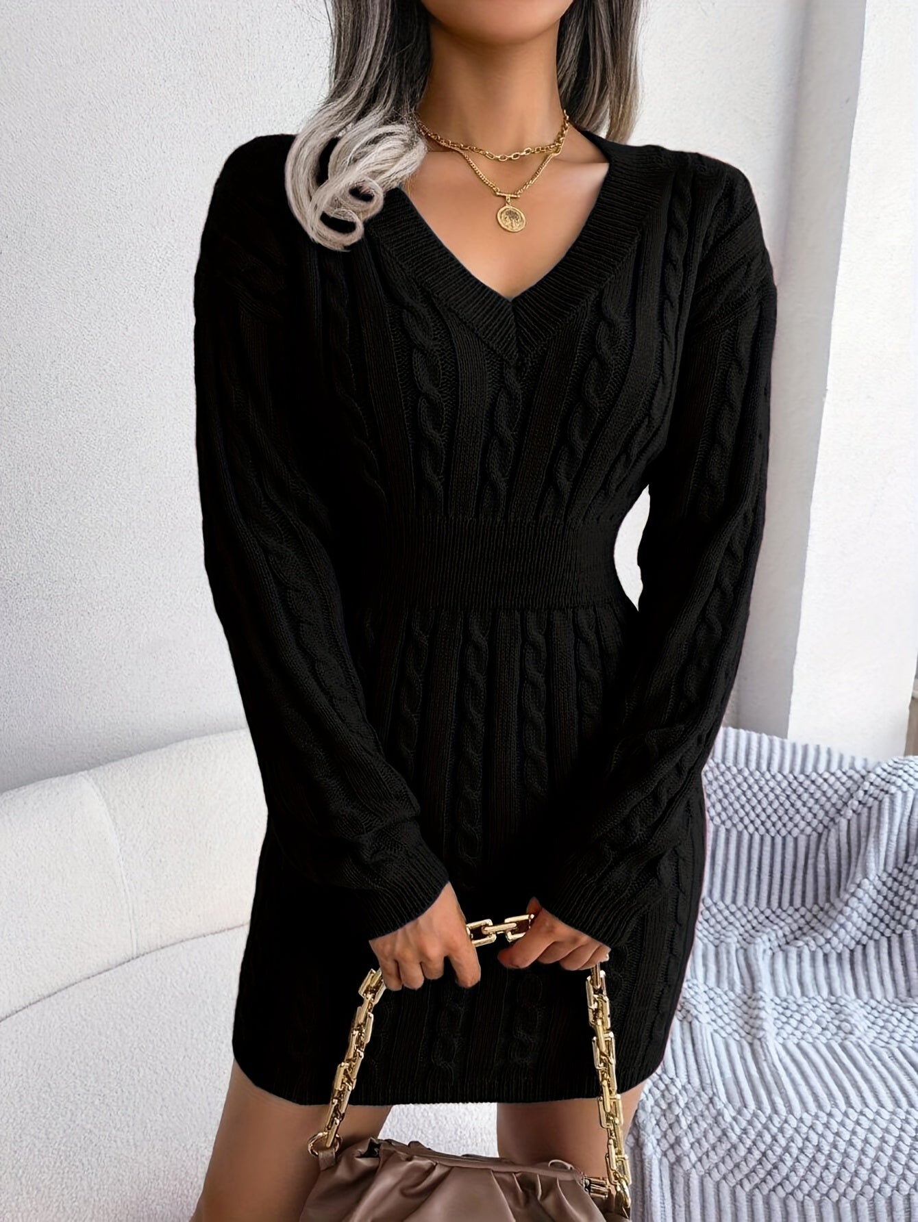 Damen Cable-Knit Strickkleid Tailliert - Image 7