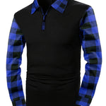 Men's long-sleeve shirt with checked sleeves and zip-up collar
