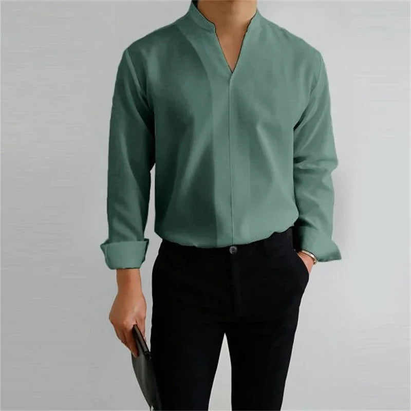 Herren Stehkragenhemd Langarm Casual - Image 8