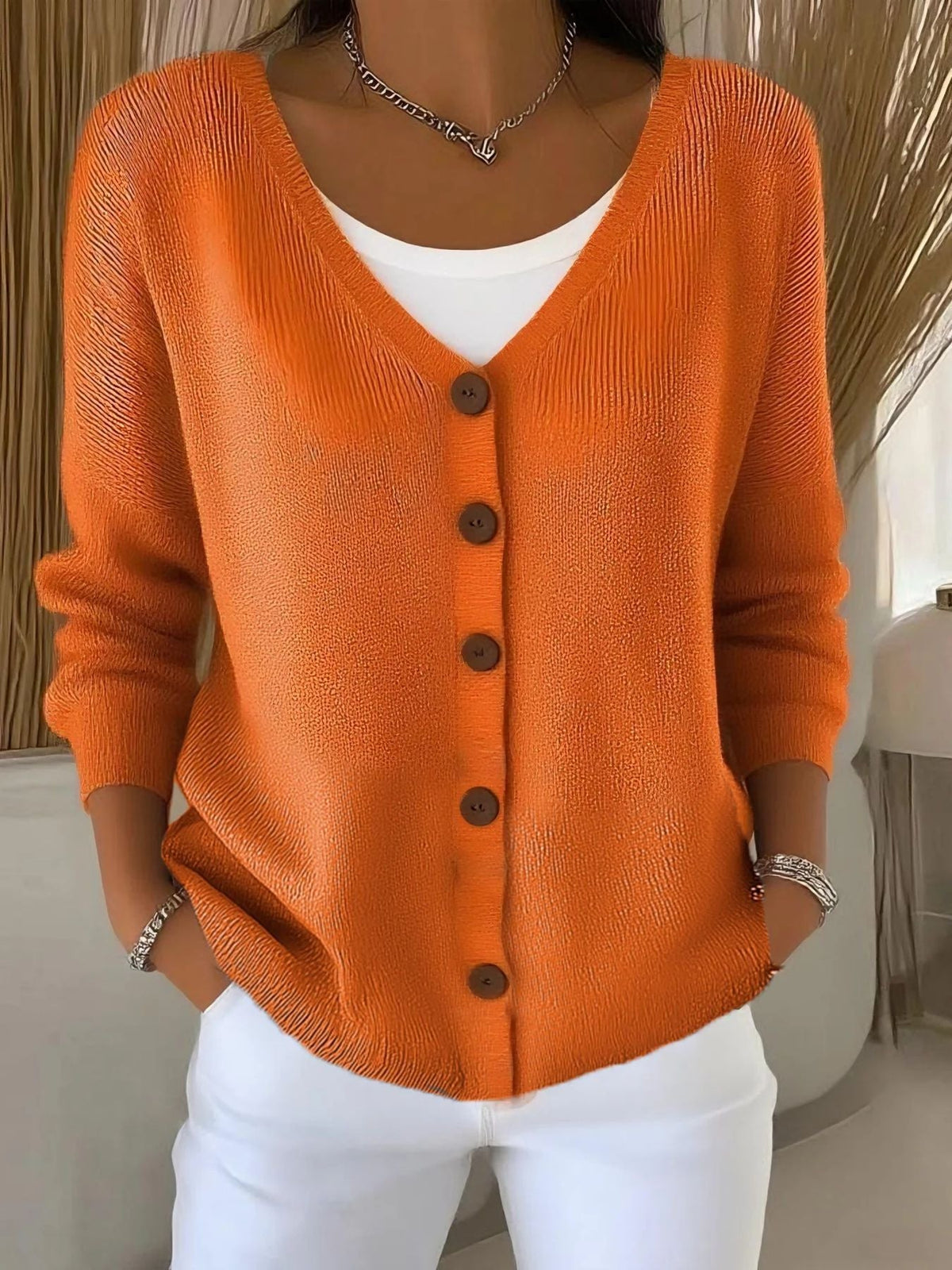 Damen Strick Cardigan V-Ausschnitt Knöpfe