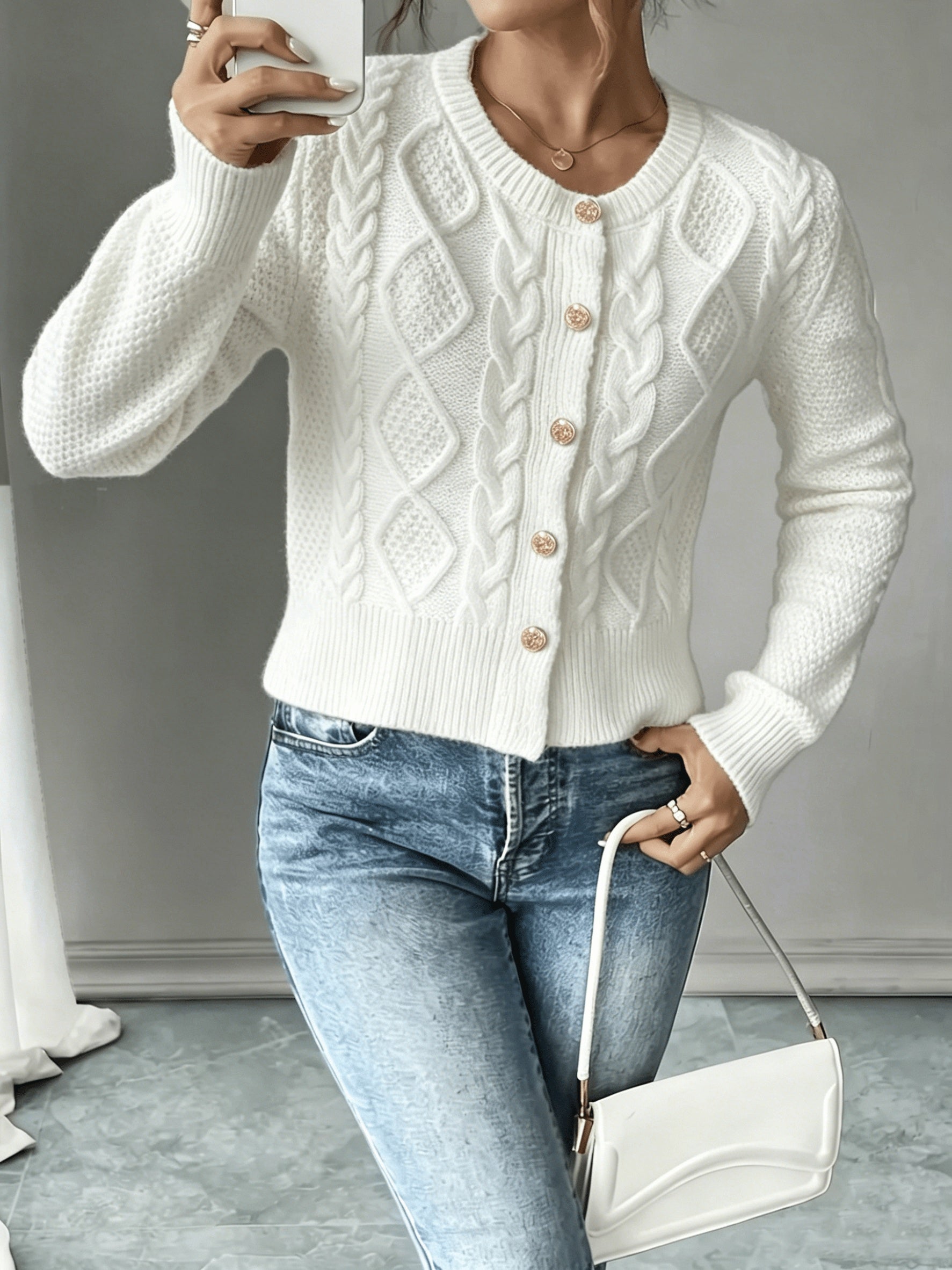 Damen Kabelstrick Strickjacke Knöpfe - Image 35