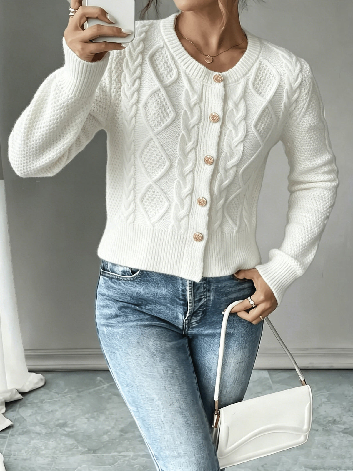 Damen Kabelstrick Strickjacke Knöpfe - Image 35