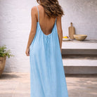 Women Linen Maxi Dress Spaghetti Strap Open Back Summer - Image 5