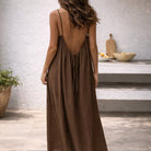Women Linen Maxi Dress Spaghetti Strap Open Back Summer
