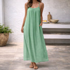 Women Linen Maxi Dress Spaghetti Strap Open Back Summer - Image 11
