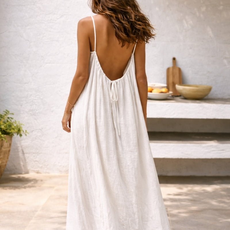 Women Linen Maxi Dress Spaghetti Strap Open Back Summer - Image 2
