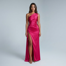 Damen Ein-Schulter Abendkleid Maxikleid hoher Schlitz drapiert
