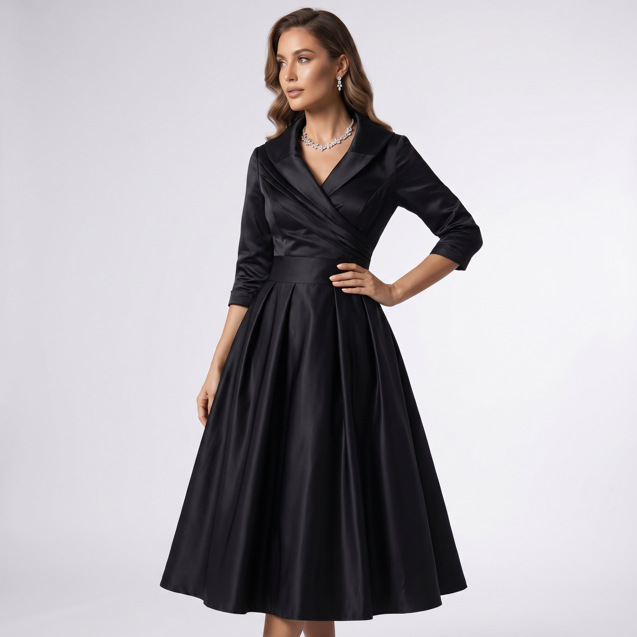 Women Draped Collar A-Line Midi Dress with Pockets