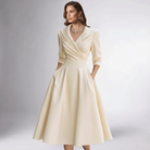 Women Draped Collar A-Line Midi Dress with Pockets - Image 3