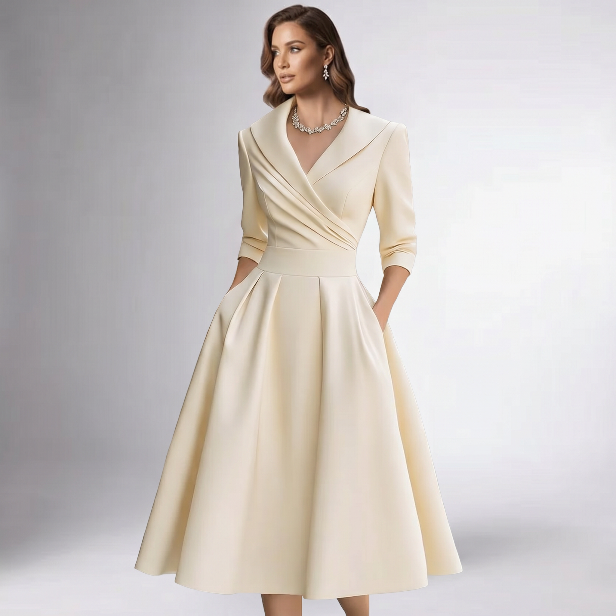 Women Draped Collar A-Line Midi Dress with Pockets - Image 3