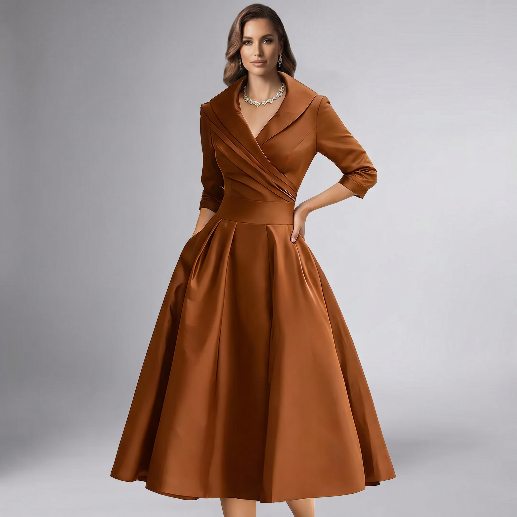 Women Draped Collar A-Line Midi Dress with Pockets - Image 12