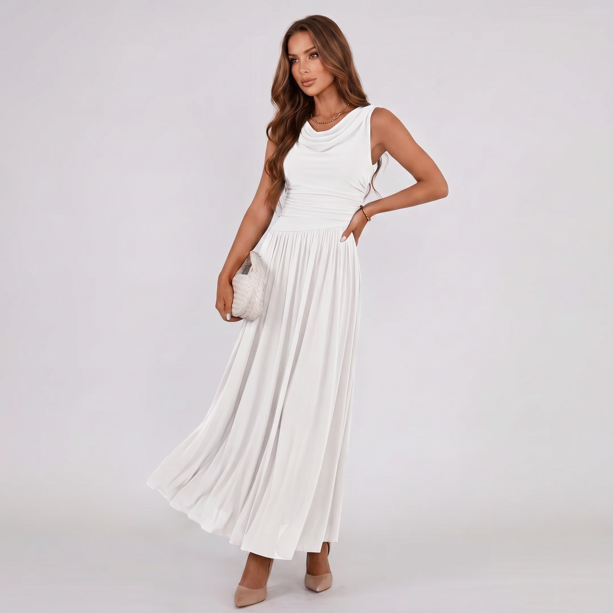 Damen Plisseekleid Festliches Midi-Kleid Drapierter Ausschnitt - Image 4