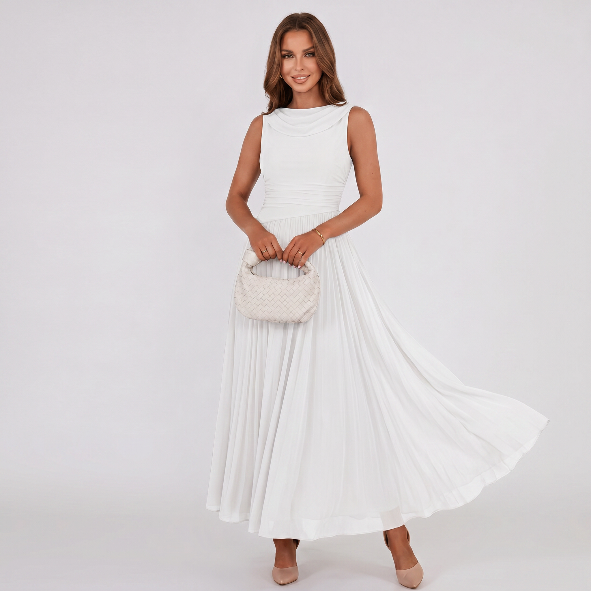 Damen Plisseekleid Festliches Midi-Kleid Drapierter Ausschnitt - Image 2