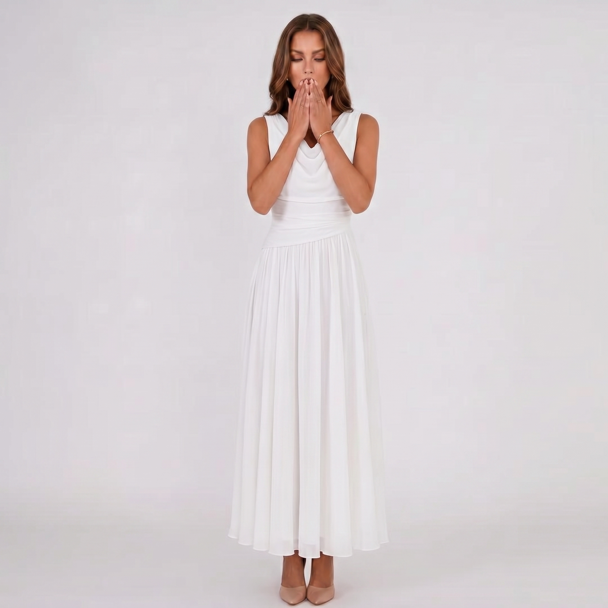 Damen Plisseekleid Festliches Midi-Kleid Drapierter Ausschnitt