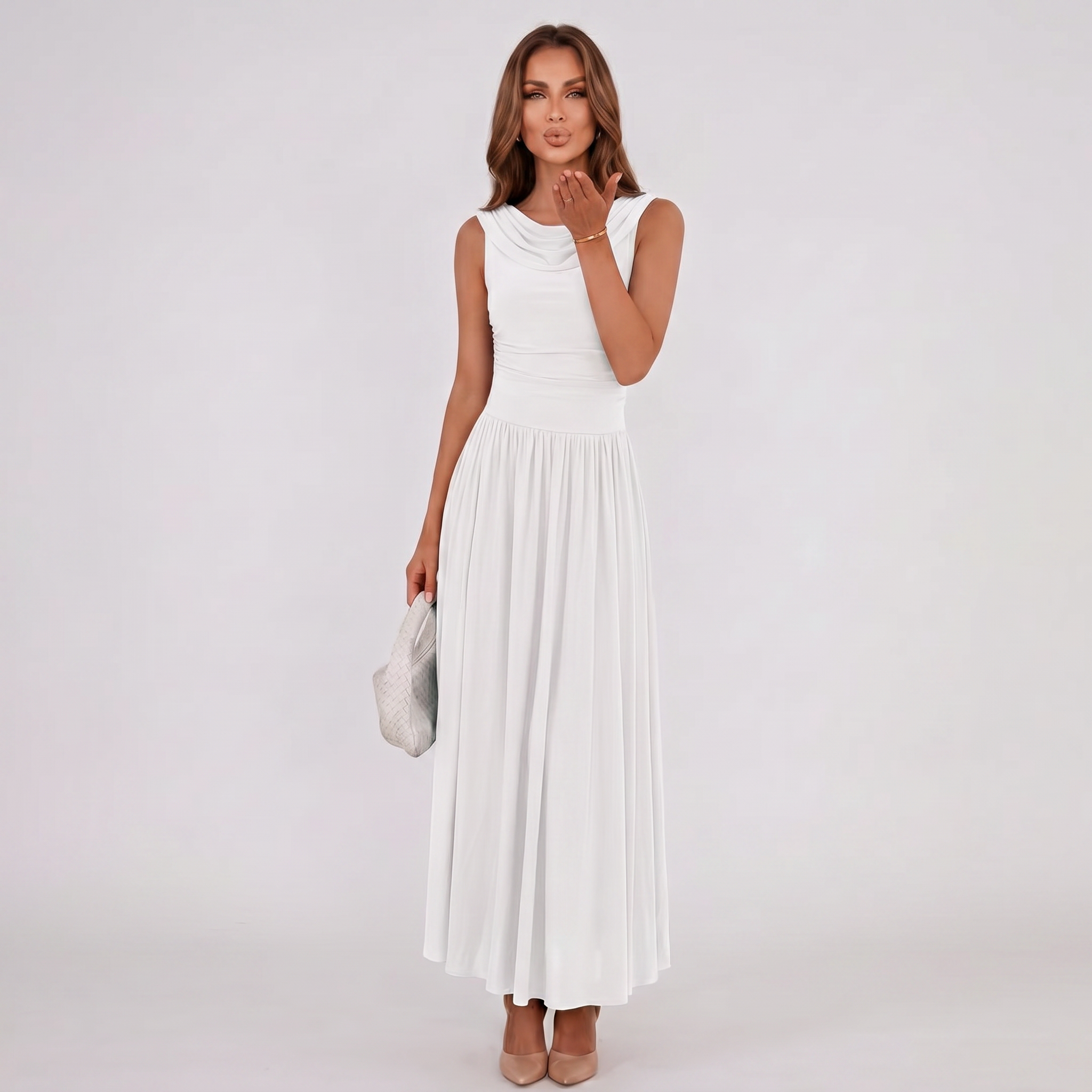 Damen Plisseekleid Festliches Midi-Kleid Drapierter Ausschnitt - Image 3