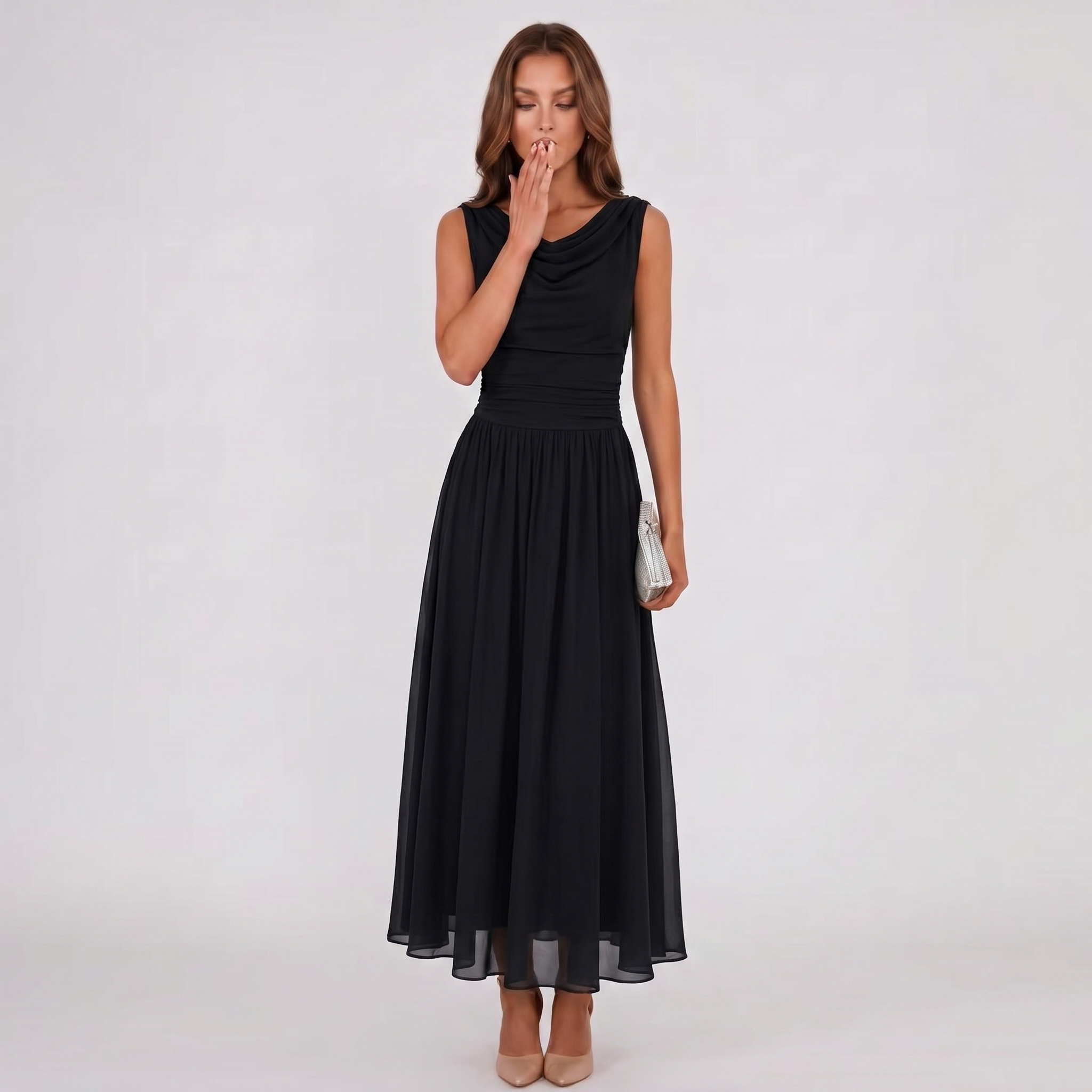 Damen Plisseekleid Festliches Midi-Kleid Drapierter Ausschnitt - Image 6