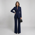 Women High Collar Blazer Trouser Set Tailored Wide Leg - Image 2