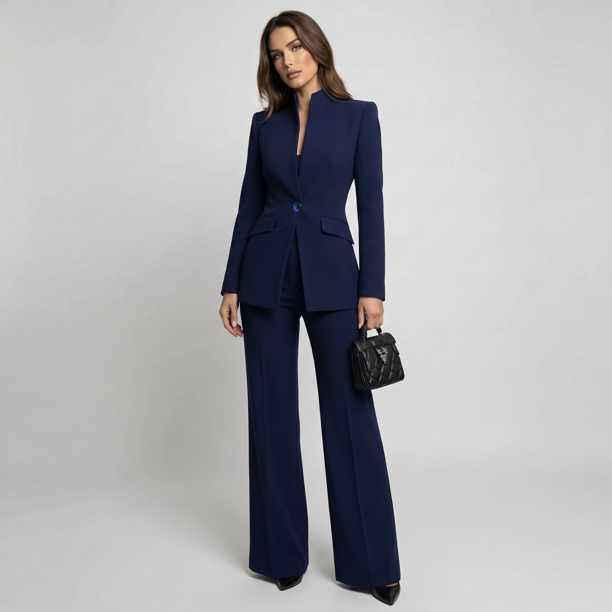 Women High Collar Blazer Trouser Set Tailored Wide Leg - Image 4