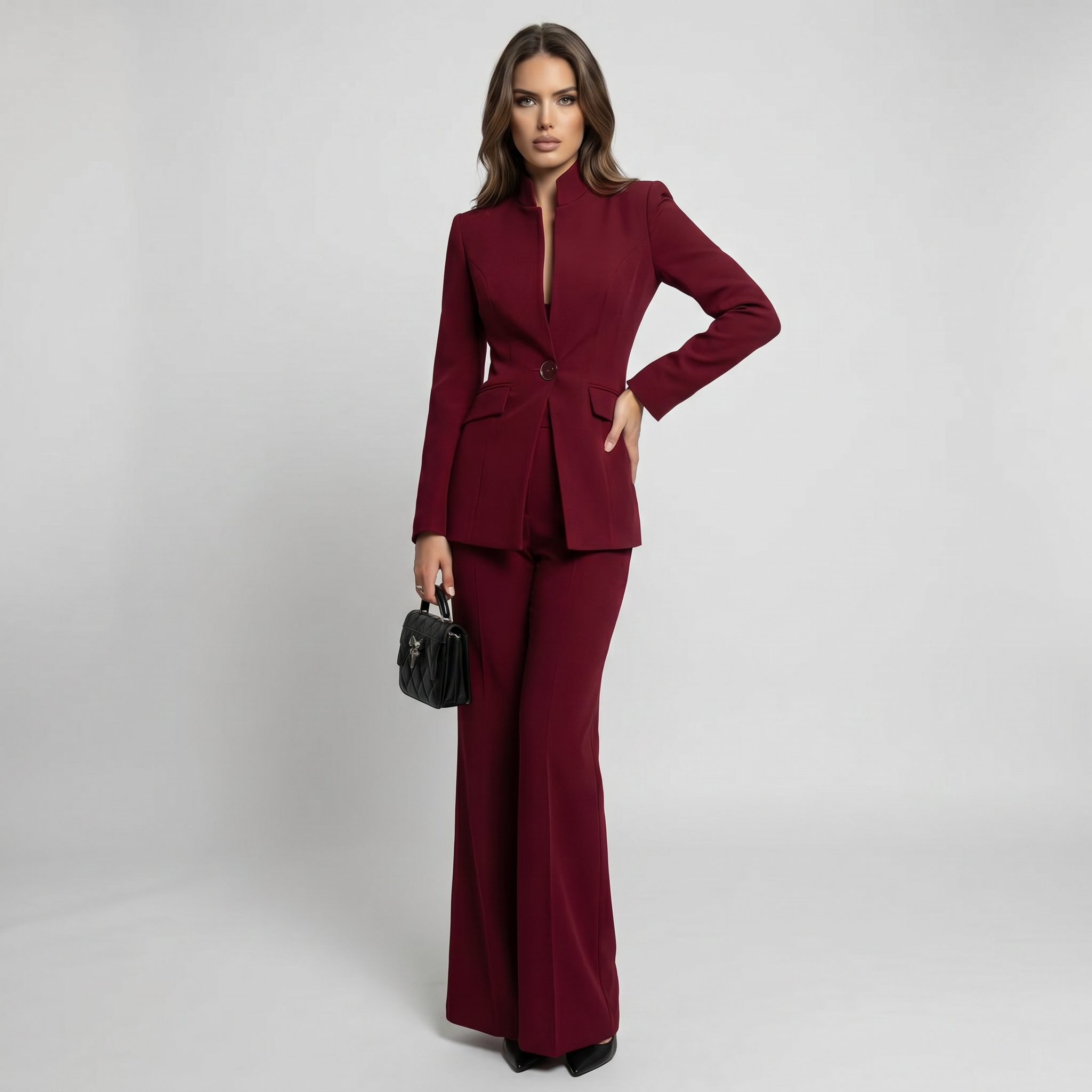 Women High Collar Blazer Trouser Set Tailored Wide Leg - Image 5
