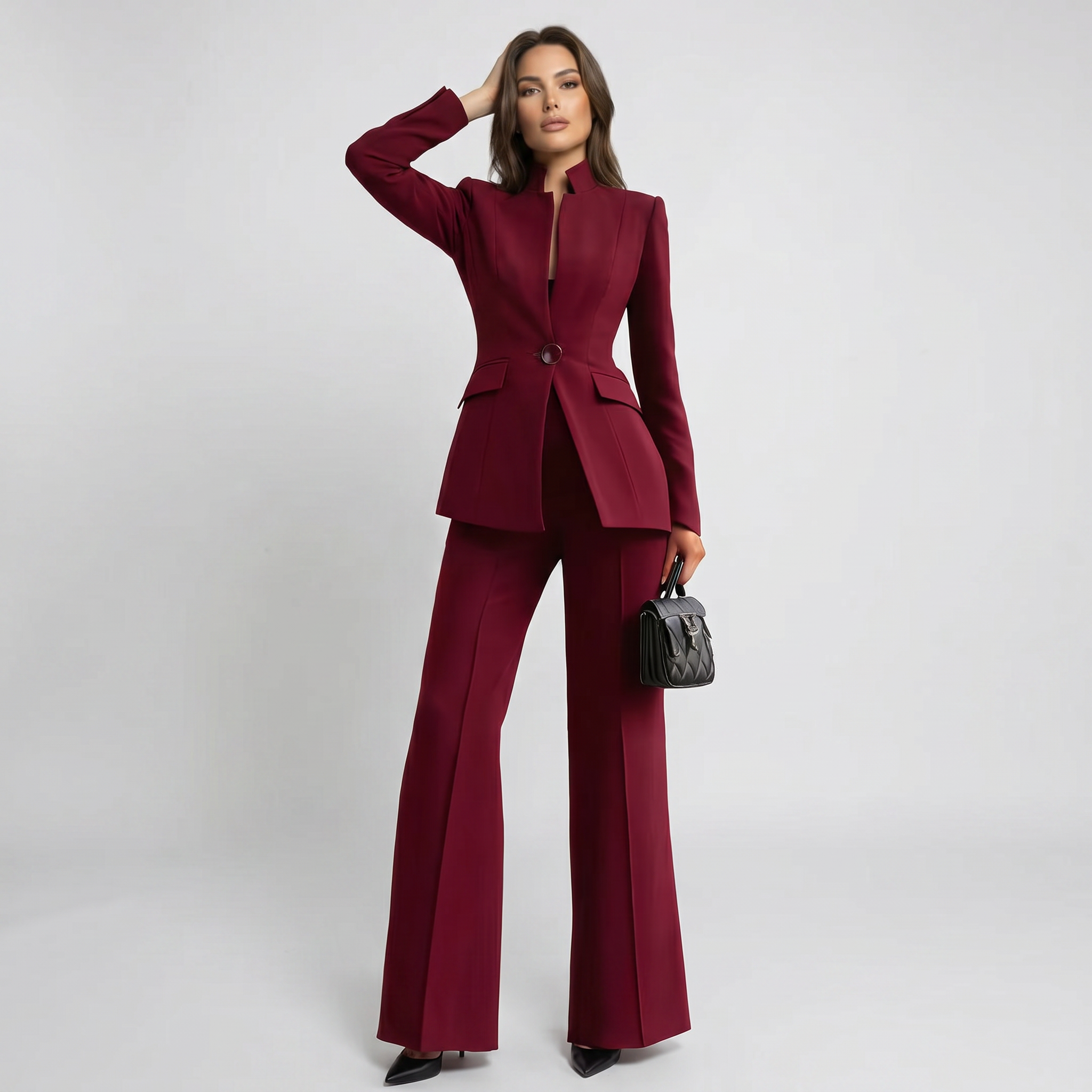 Women High Collar Blazer Trouser Set Tailored Wide Leg - Image 7