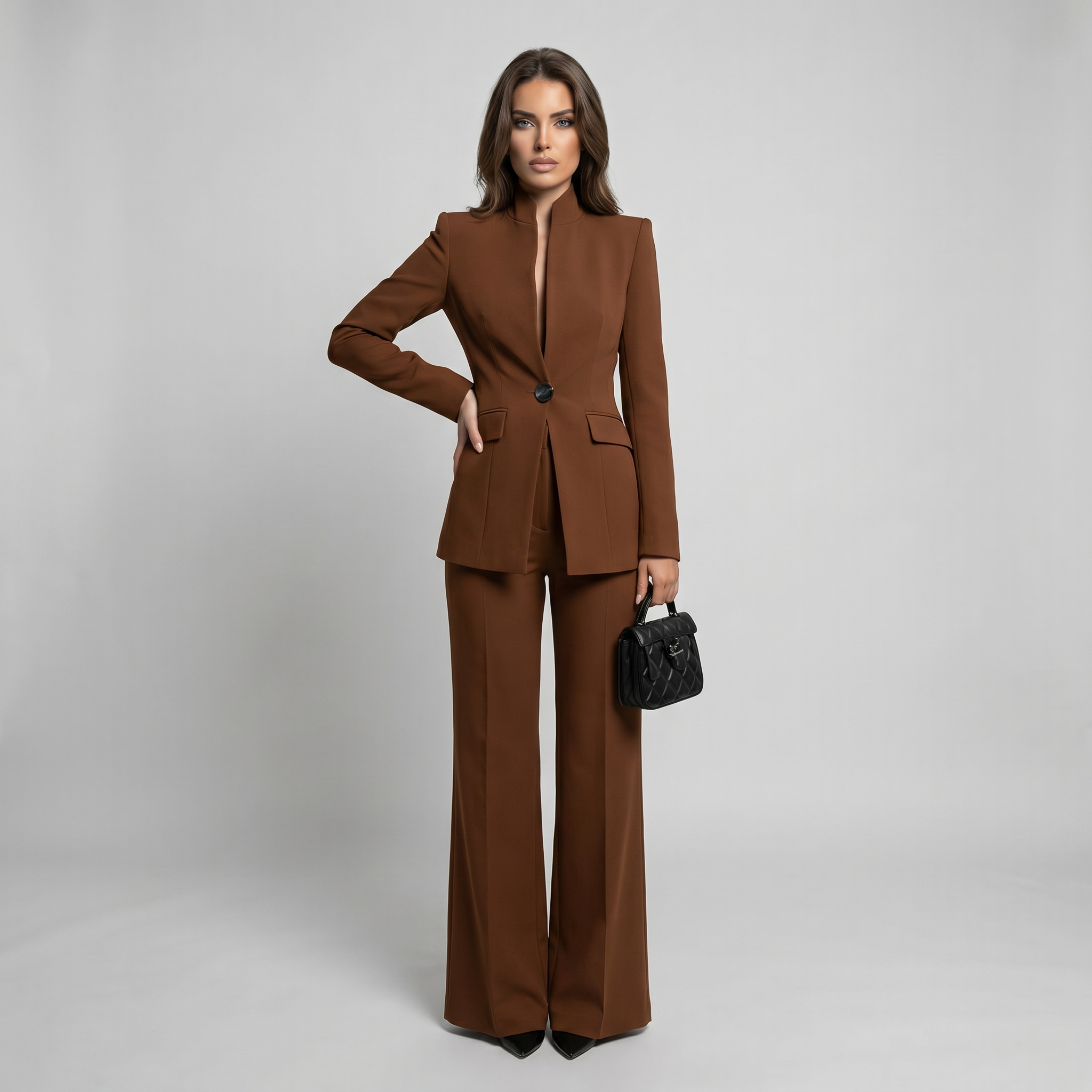 Women High Collar Blazer Trouser Set Tailored Wide Leg - Image 9