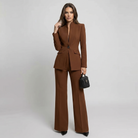 Women High Collar Blazer Trouser Set Tailored Wide Leg - Image 10