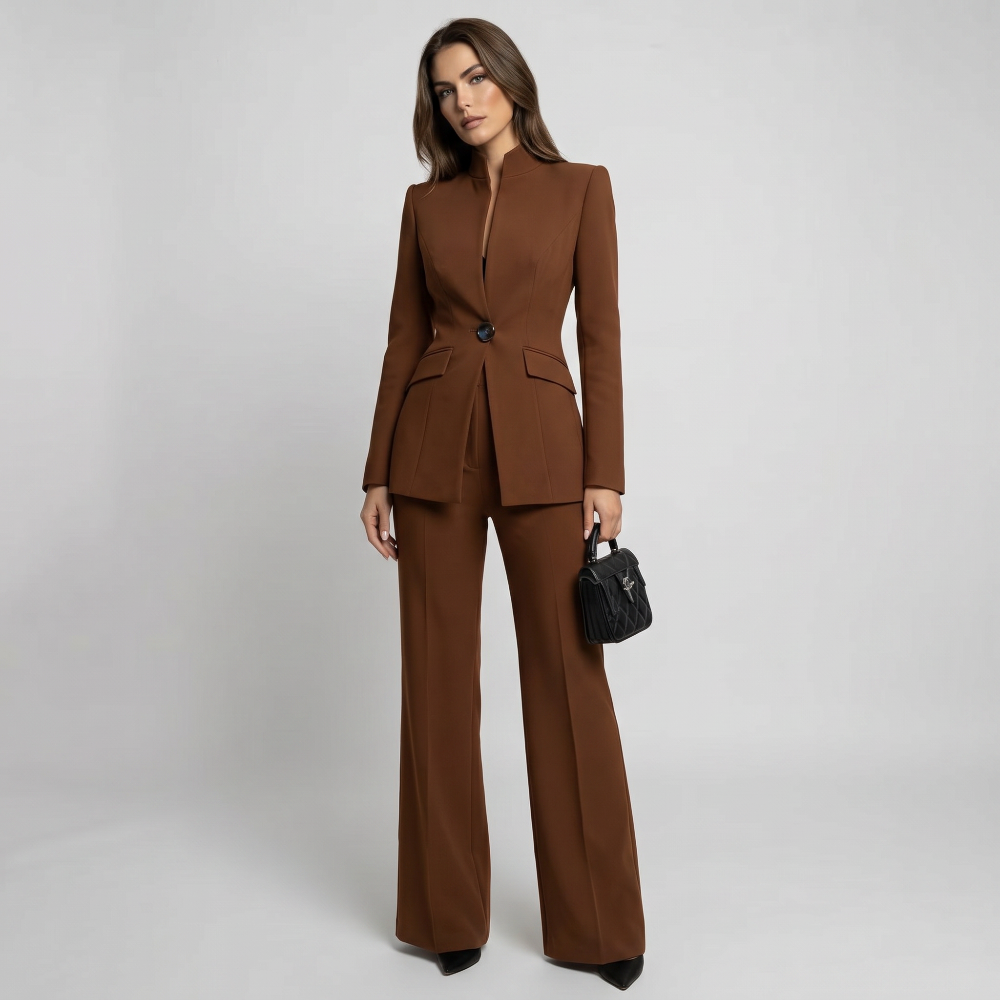 Women High Collar Blazer Trouser Set Tailored Wide Leg - Image 8
