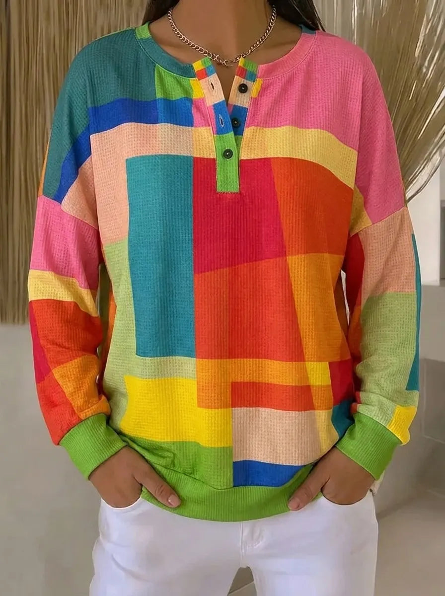 Damen Vintage Colorblock Strickpullover mit Knöpfen