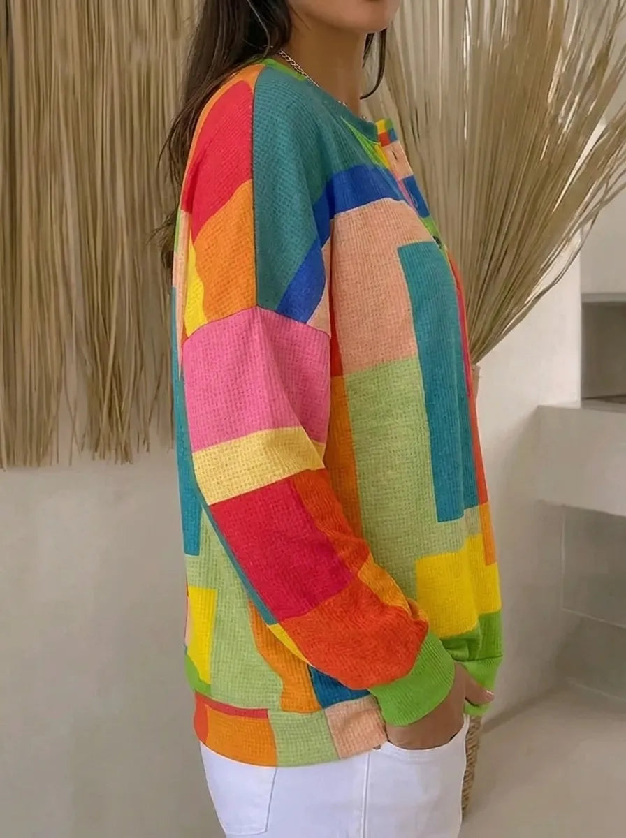 Damen Vintage Colorblock Strickpullover mit Knöpfen - Image 2