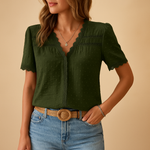 Zorelle - Blusa para senhora com decote em V e renda