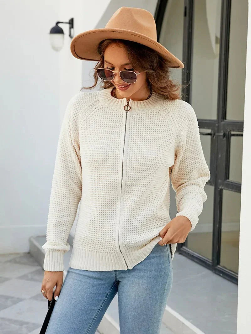 Damen Strickjacke Reißverschluss Rundhals Langarm Einfarbig - Image 5