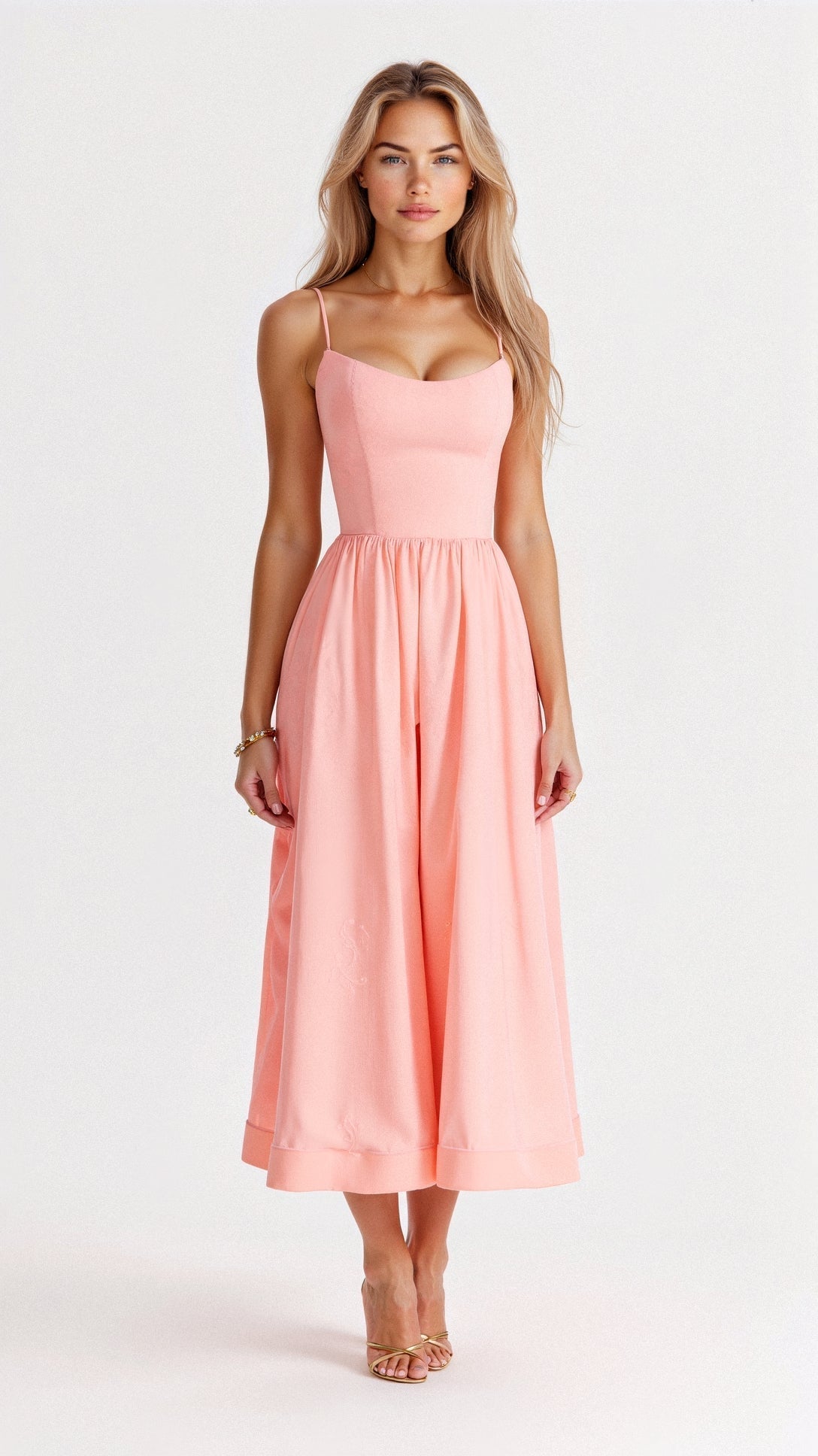 Damen Midi A-Linien Kleid Spaghettiträger Klassisch