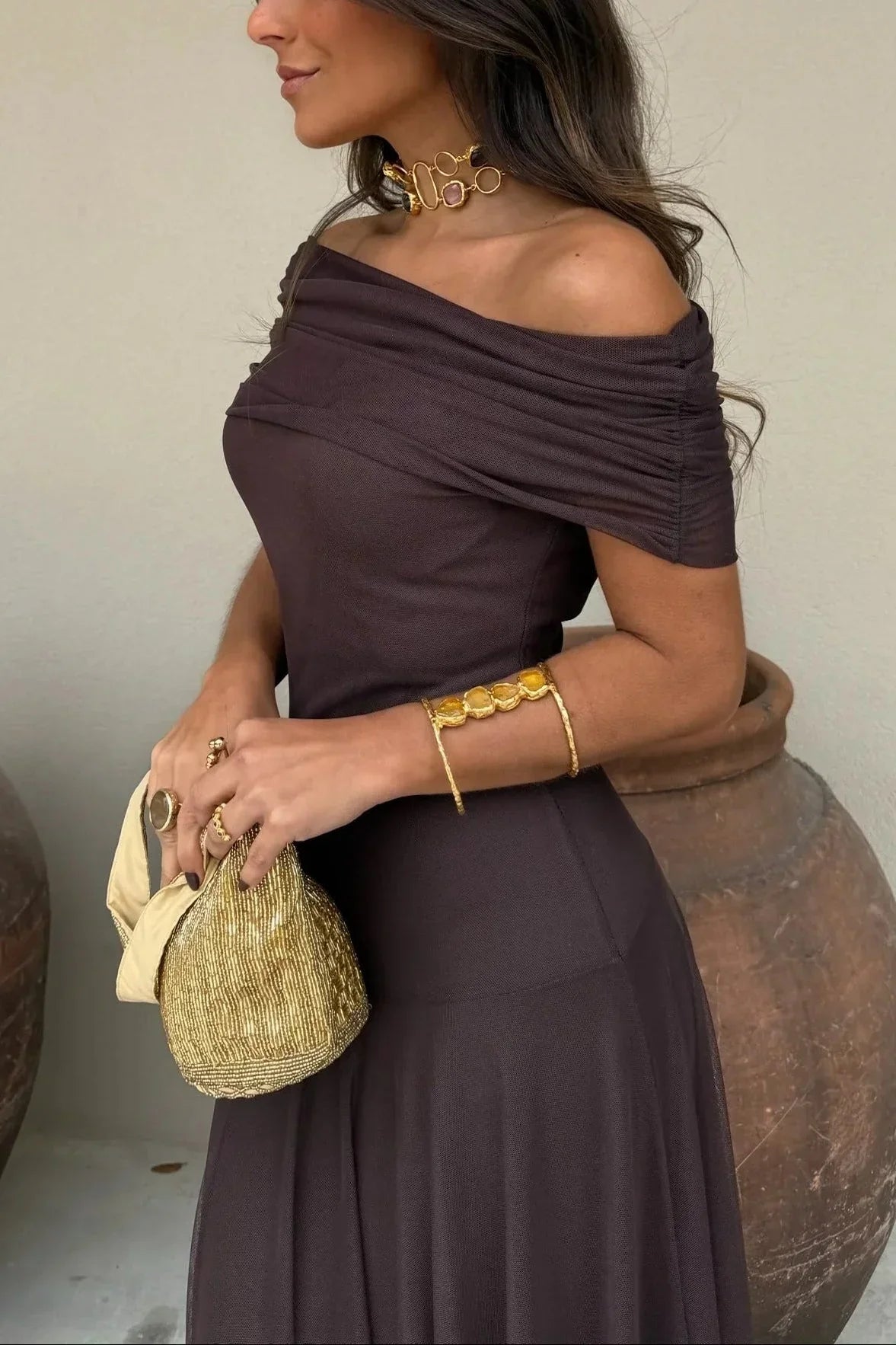 Damen Plissee One-Shoulder Maxikleid Sommer - Image 3