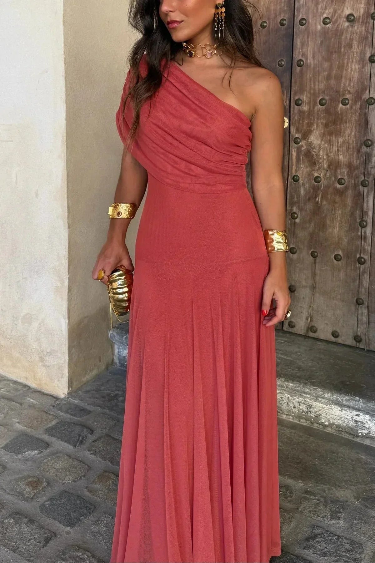 Damen Plissee One-Shoulder Maxikleid Sommer - Image 5