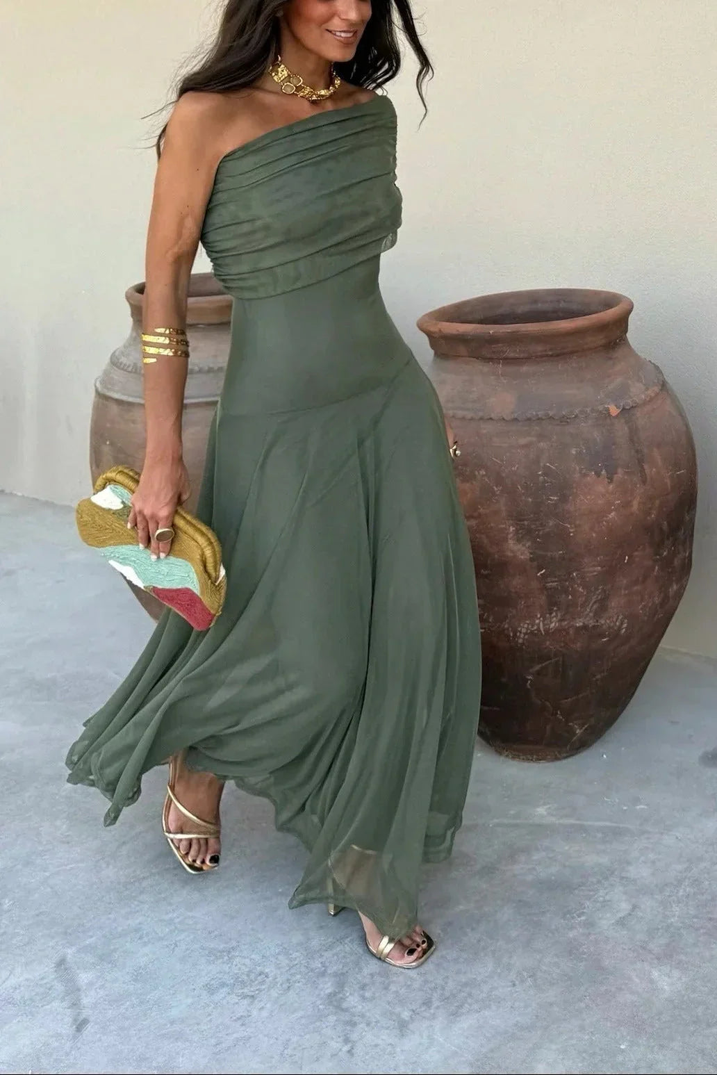 Damen Plissee One-Shoulder Maxikleid Sommer - Image 11
