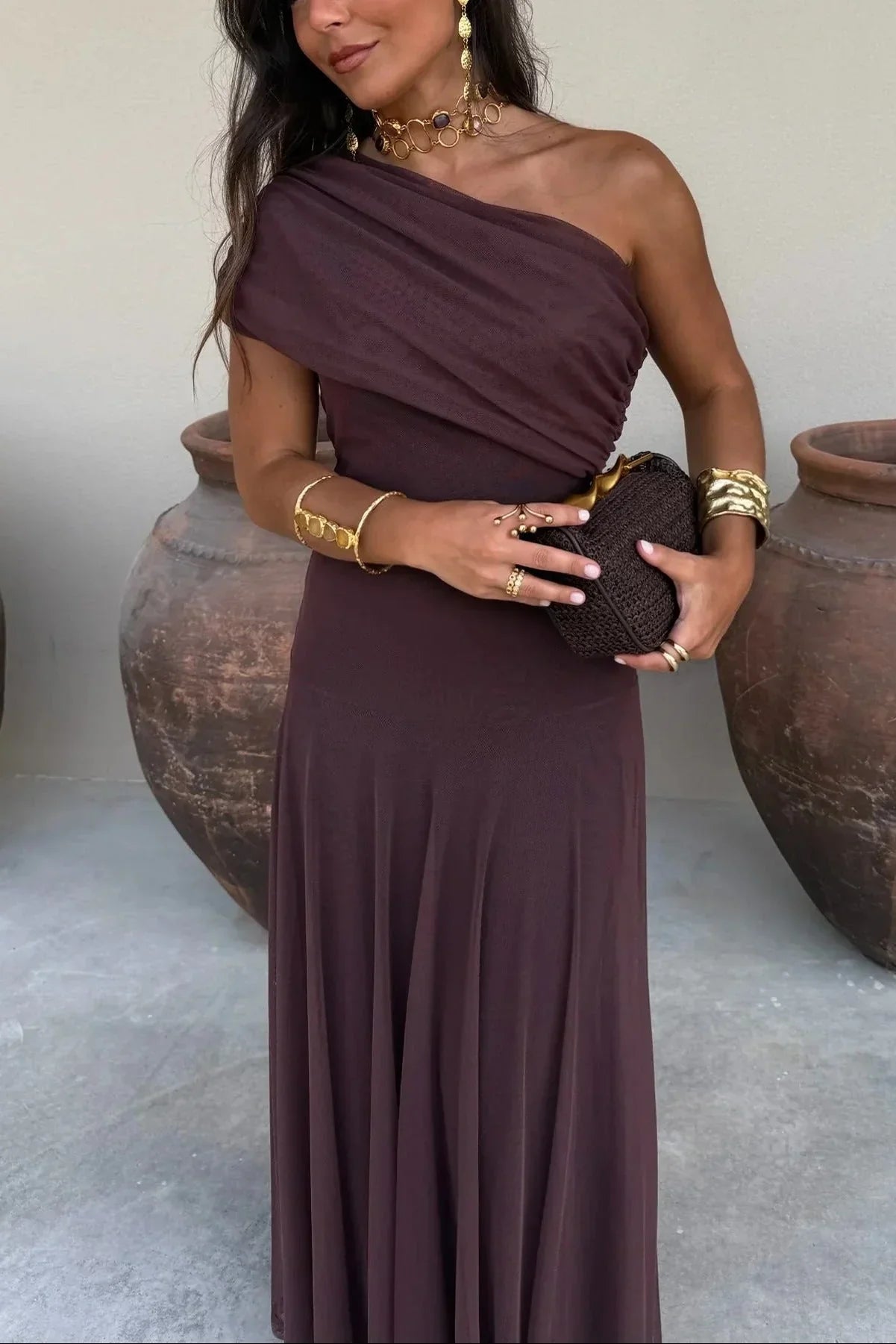 Damen Plissee One-Shoulder Maxikleid Sommer