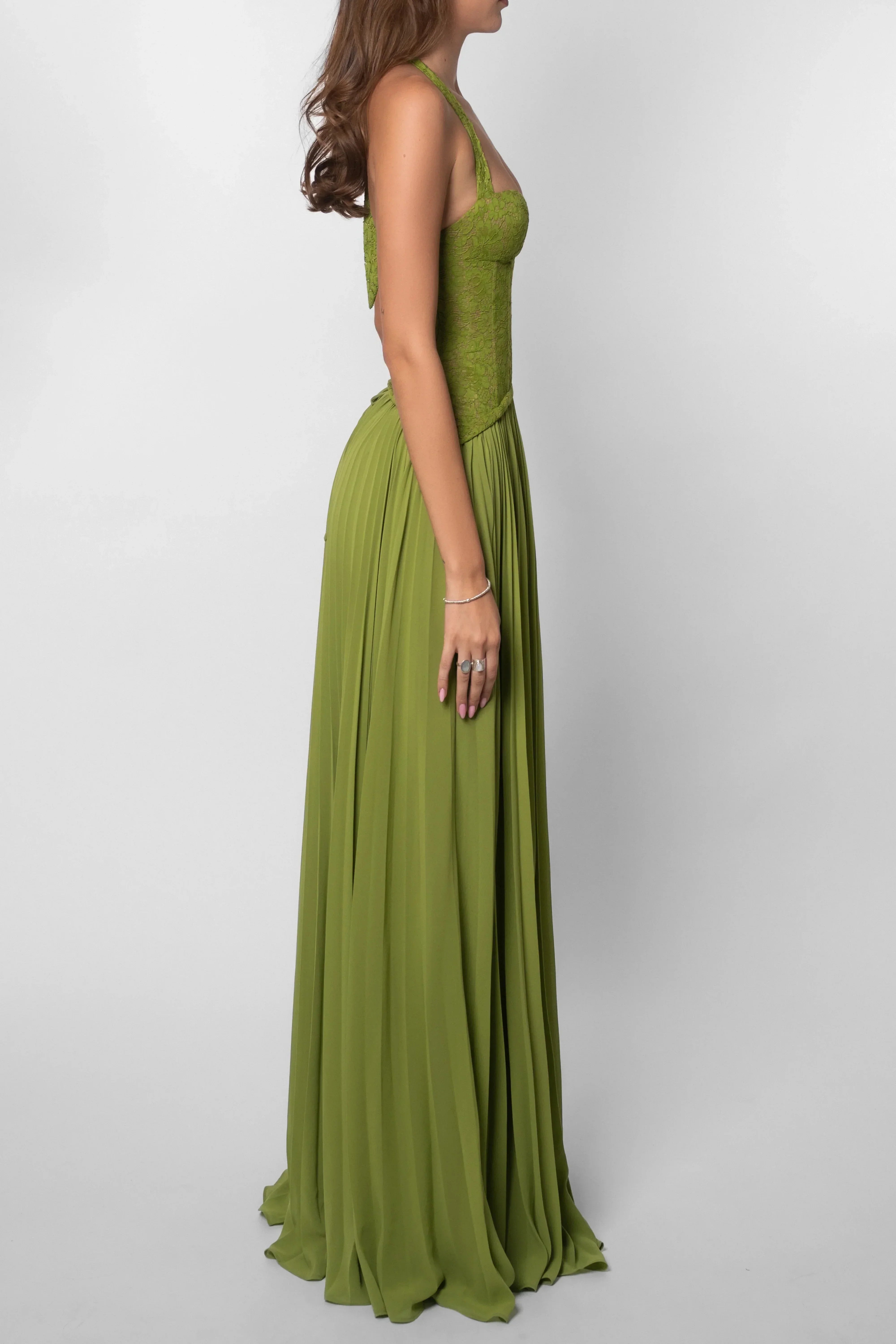 Damen Maxikleid Plissee Korsett Grün - Image 7