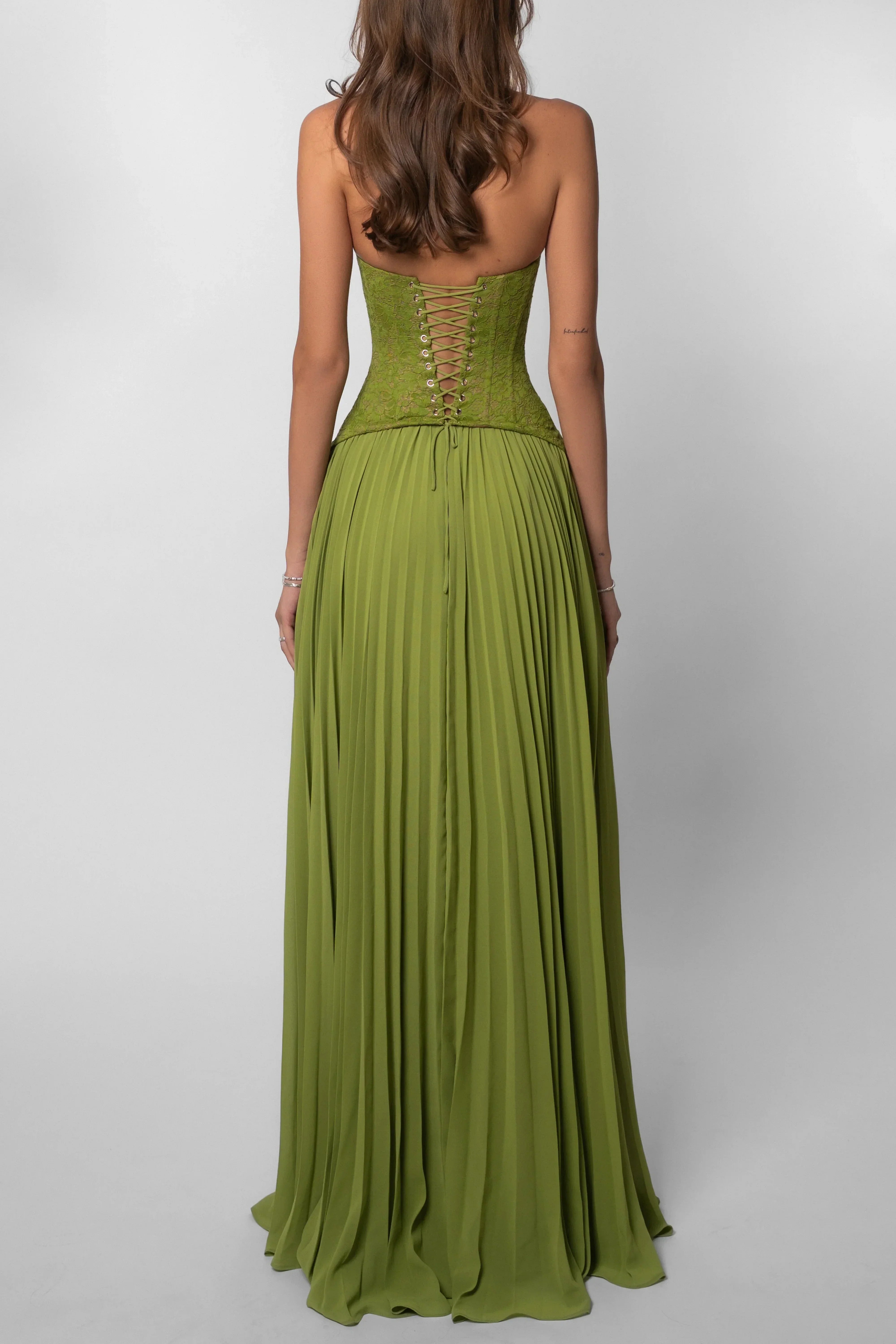 Damen Maxikleid Plissee Korsett Grün - Image 6