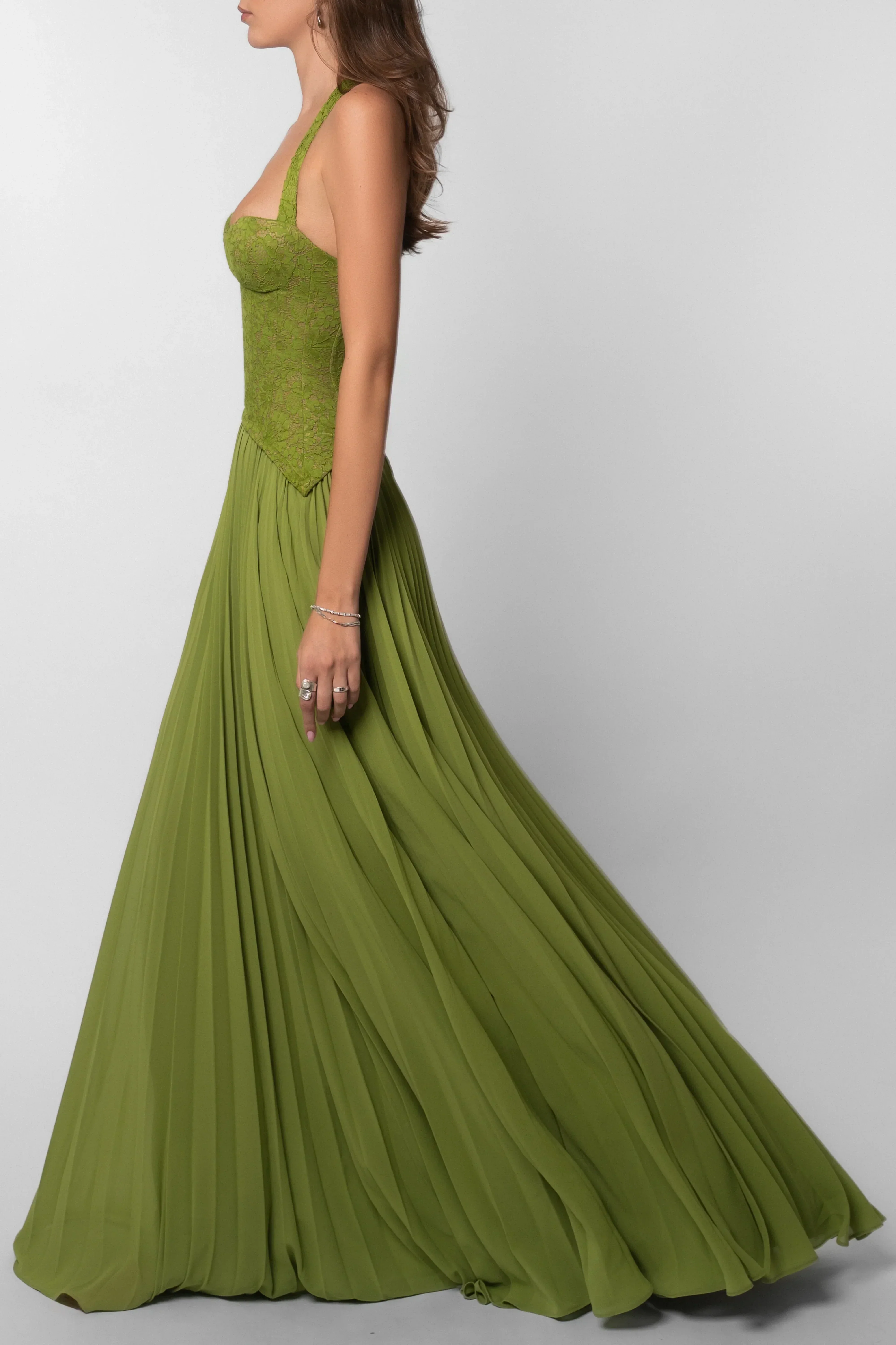 Damen Maxikleid Plissee Korsett Grün - Image 9
