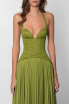 Damen Maxikleid Plissee Korsett Grün - Image 10
