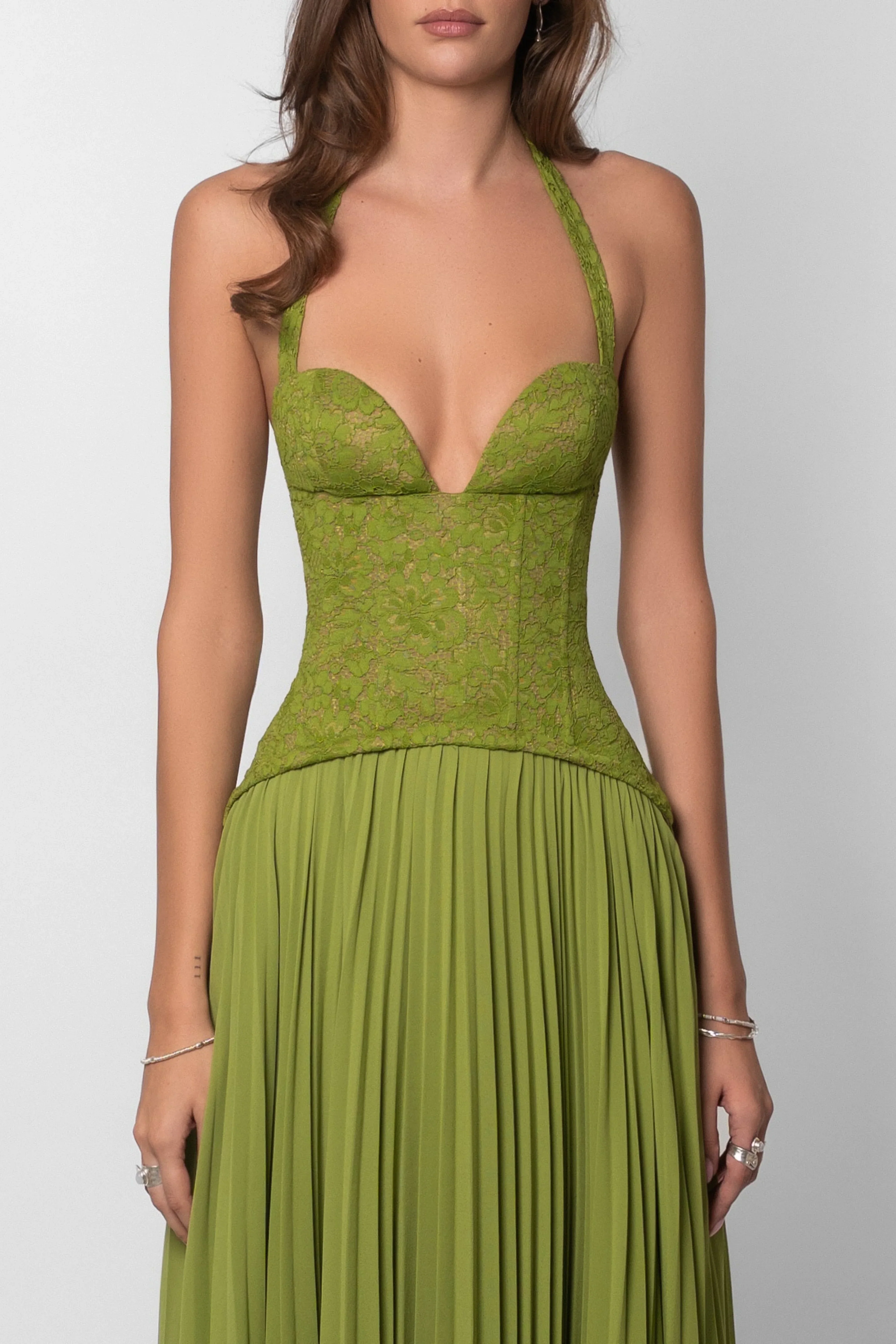 Damen Maxikleid Plissee Korsett Grün - Image 10