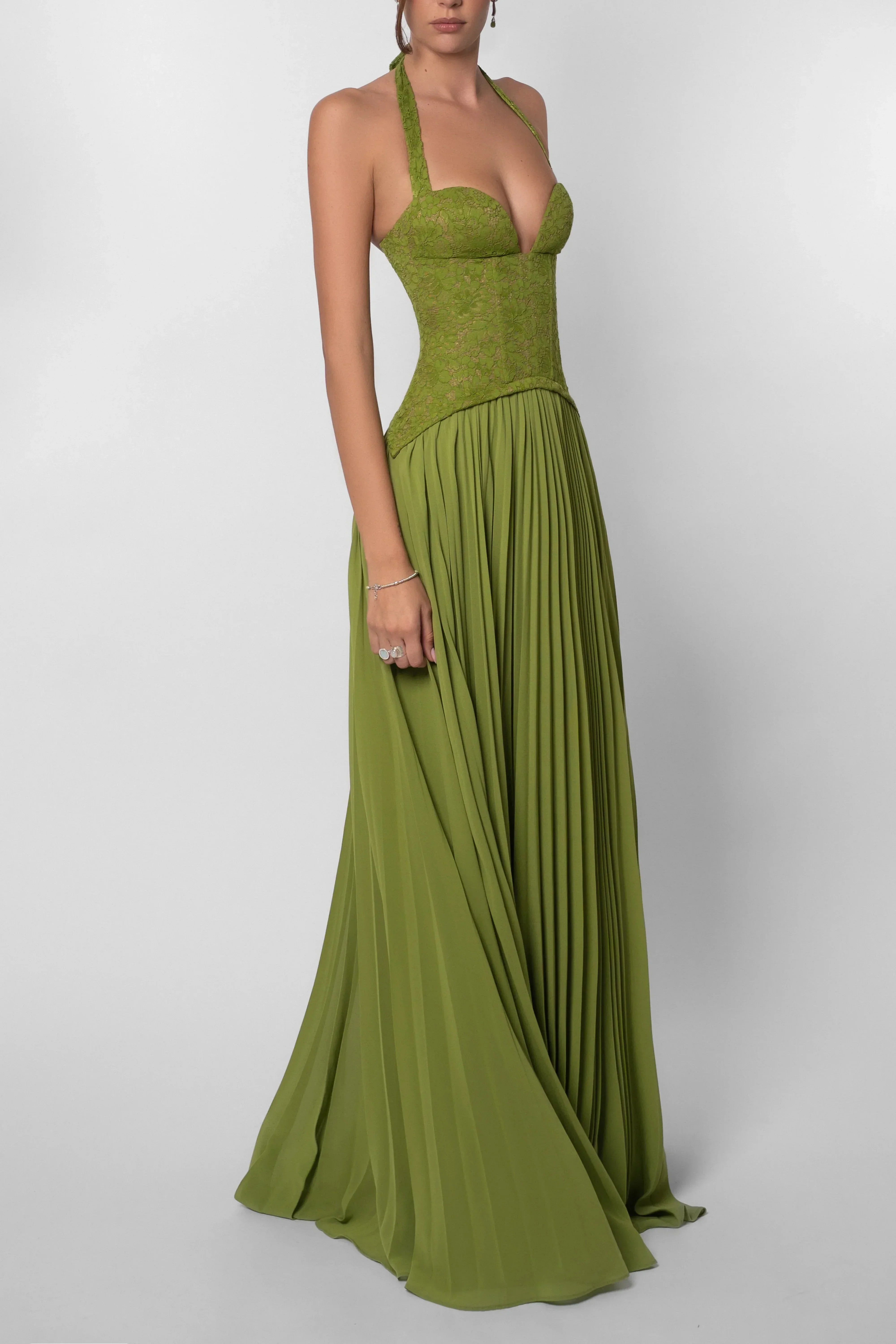 Damen Maxikleid Plissee Korsett Grün - Image 8
