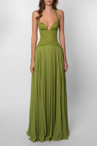 Damen Maxikleid Plissee Korsett Grün - Image 5