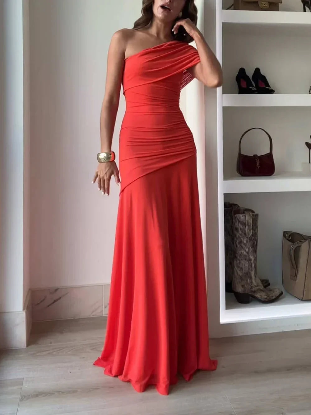 Damen Maxikleid elegant asymmetrisch gerafft