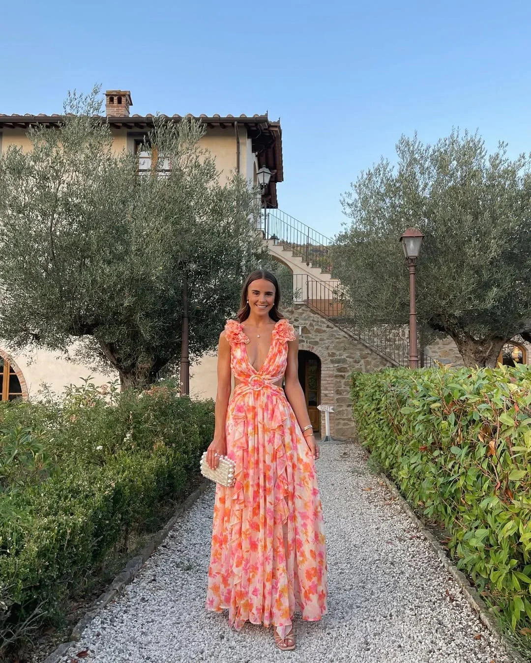 Damen Ärmellos Blumen Maxikleid