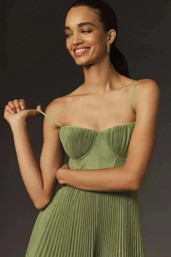 Damen Plissee Midikleid Träger Olivgrün - Image 2