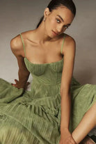 Damen Plissee Midikleid Träger Olivgrün - Image 4